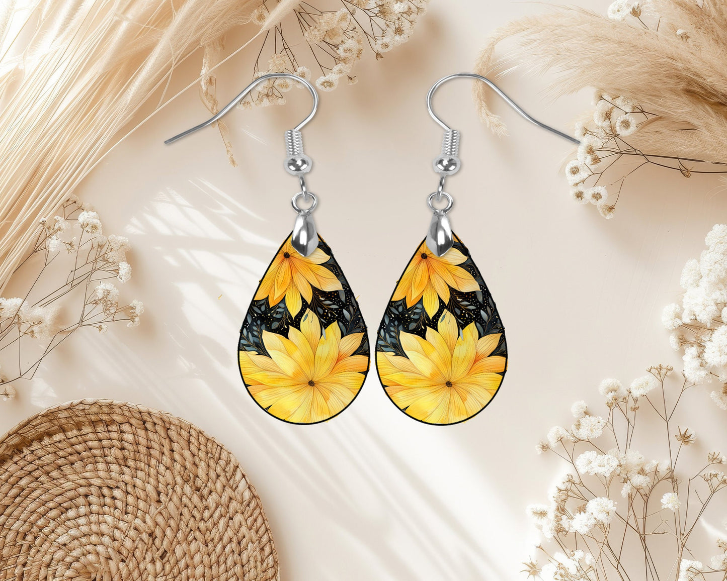 Yellow Flowers on Black Earrings, Teardrop Dangle Printed Earrings Jewelry Handmade