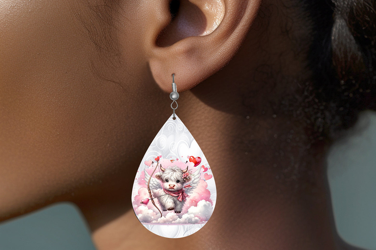 White Highland Cow Cupid Earrings, Teardrop Dangle Printed Earrings Jewelry Handmade