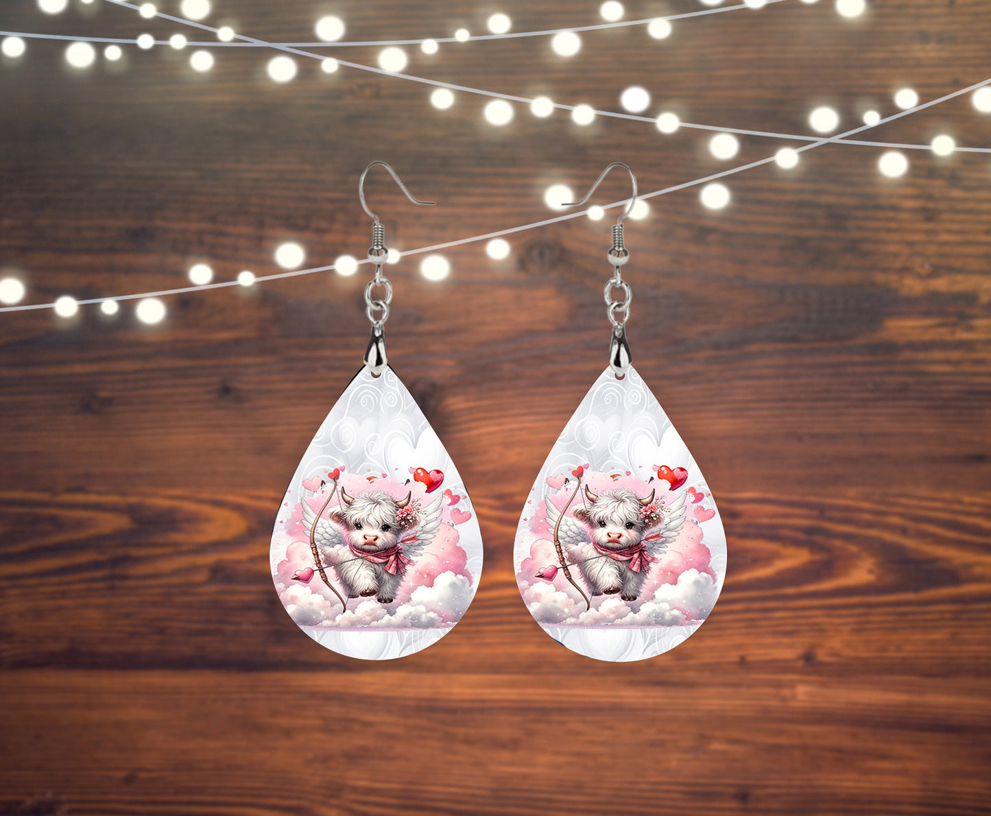 White Highland Cow Cupid Earrings, Teardrop Dangle Printed Earrings Jewelry Handmade