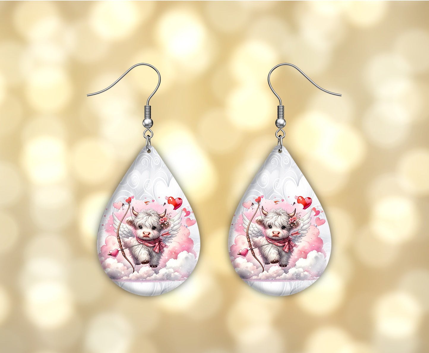 White Highland Cow Cupid Earrings, Teardrop Dangle Printed Earrings Jewelry Handmade