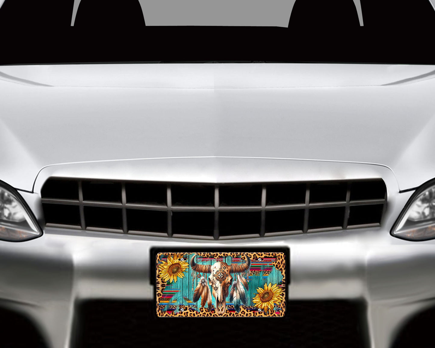 Vanity Front License Plate, Cow Skull and Leopard Print Aluminum License Plate Car Accessory Decorative Front Plate