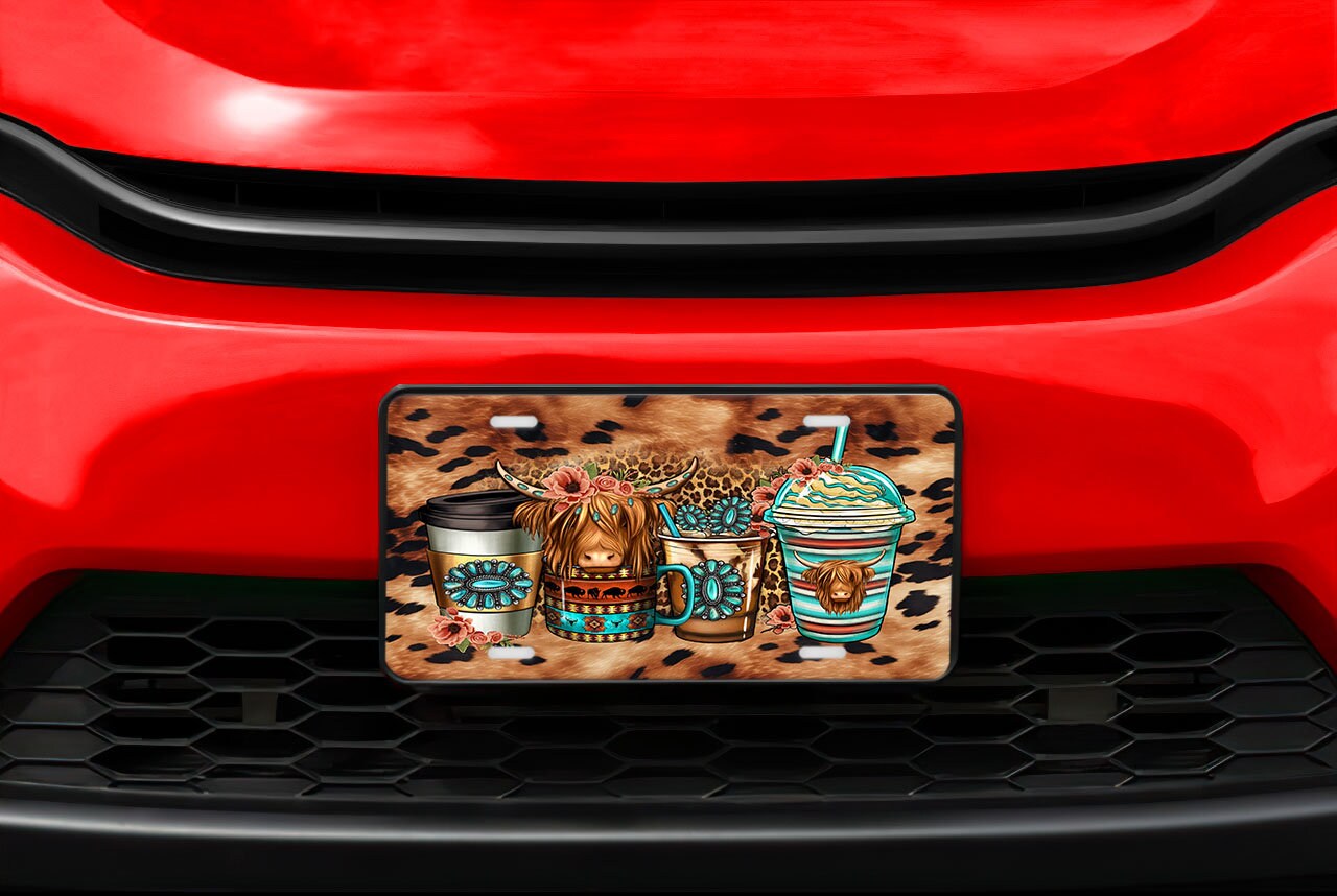 Vanity Front License Plate, Highland Cow Coffee Aluminum License Plate Car Accessory Decorative Front Plate