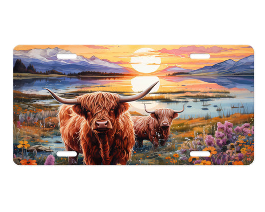 Vanity Front License Plate, Highland Cow Sunset Aluminum License Plate Car Accessory Decorative Front Plate