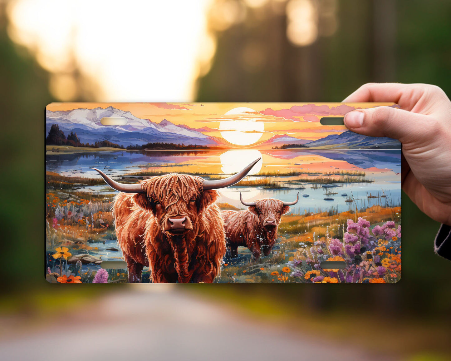 Vanity Front License Plate, Highland Cow Sunset Aluminum License Plate Car Accessory Decorative Front Plate