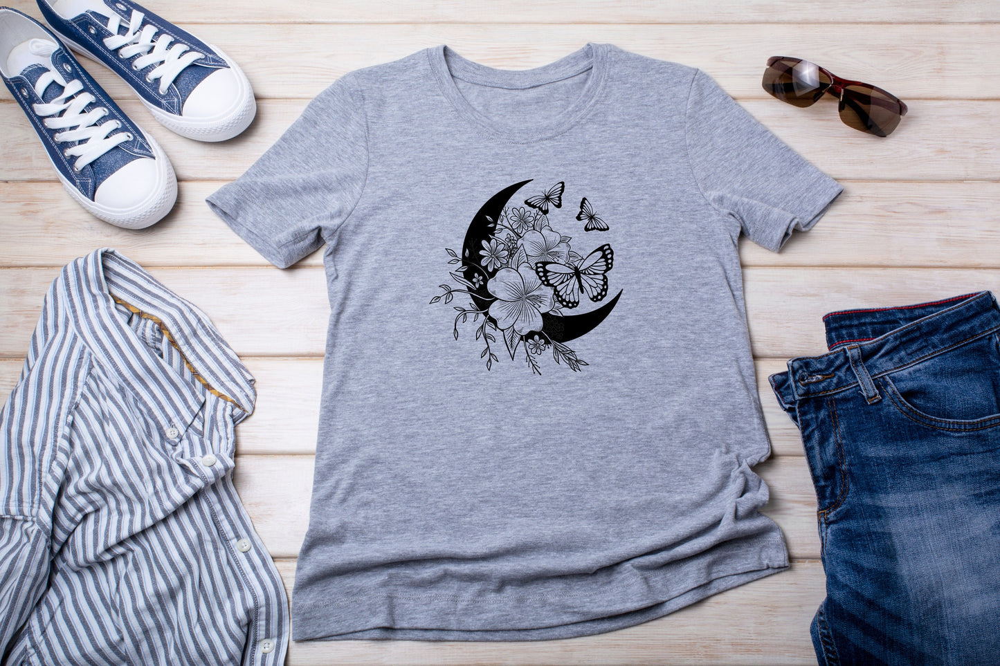 Butterfly Moon T Shirt,  Tshirt, Graphic T's  100% Cotton, White or Gray, Tee