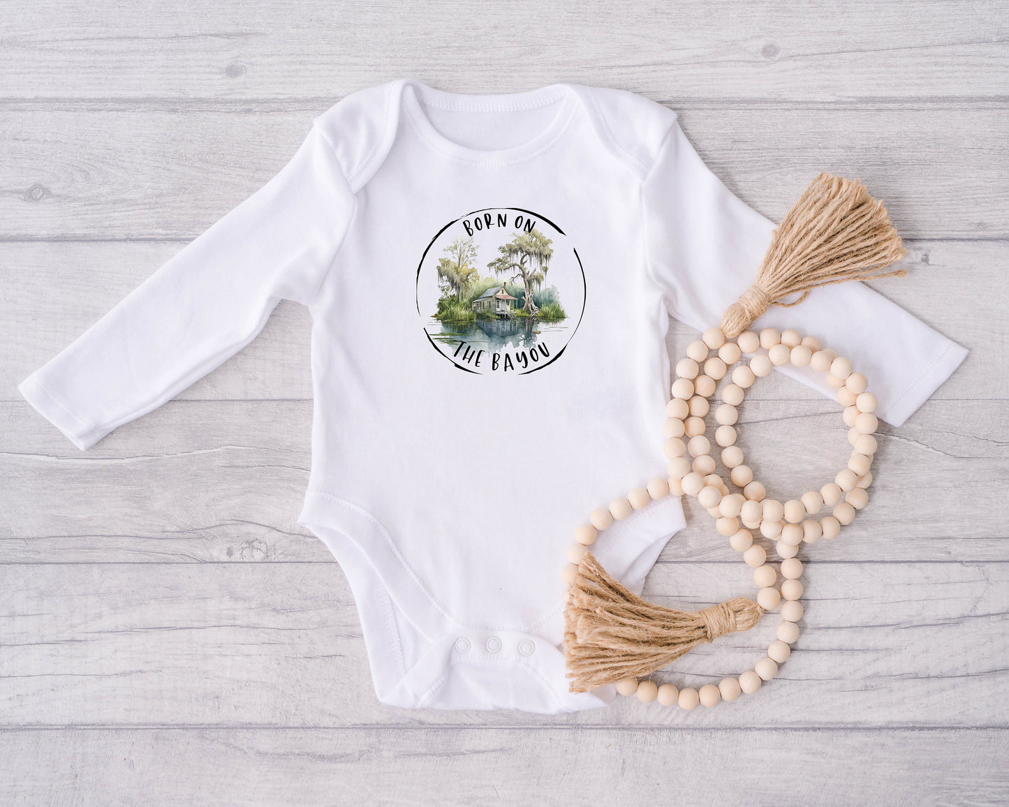 Baby Bodysuit, Round Born on the Bayou One Piece Baby Suit, Baby Gift, Long / Short Sleeve, 0-18 Months size