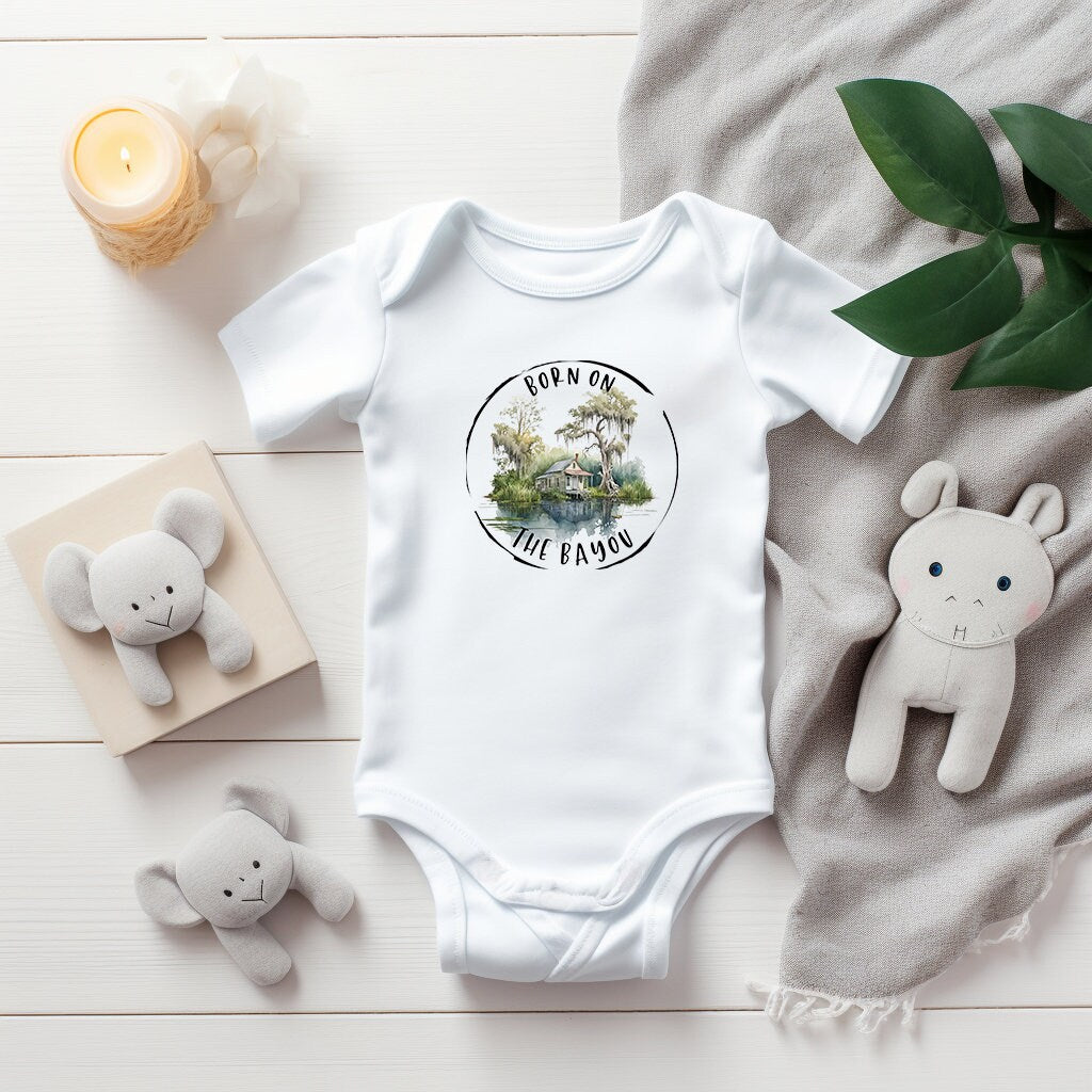 Baby Bodysuit, Round Born on the Bayou One Piece Baby Suit, Baby Gift, Long / Short Sleeve, 0-18 Months size