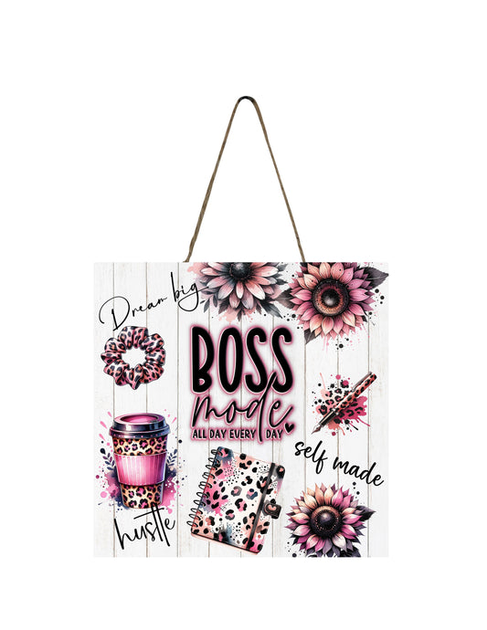 Boss Mode Hanging Wall Sign Wood Home Decor, Door Hanger, Wreath Sign