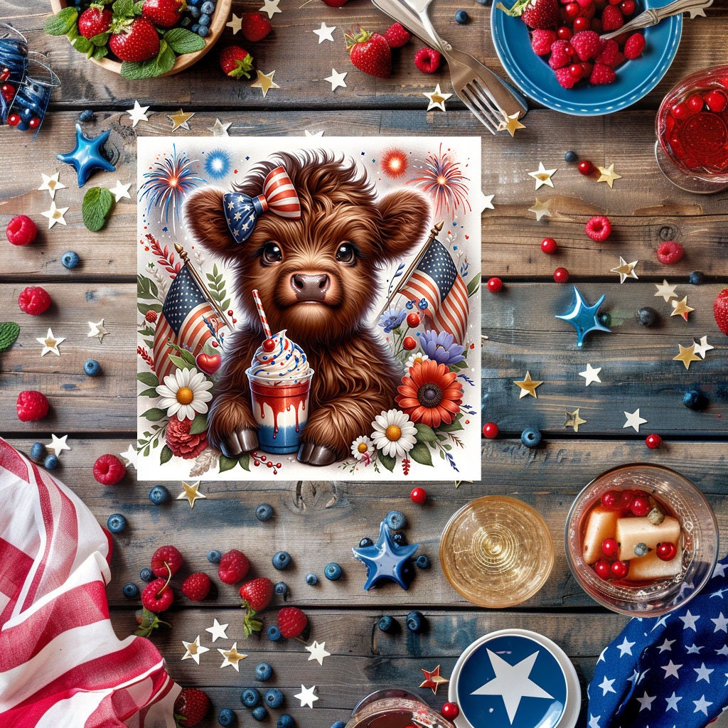 Cute 4th of July Highland Cow Printed Handmade Wood  Mini Sign