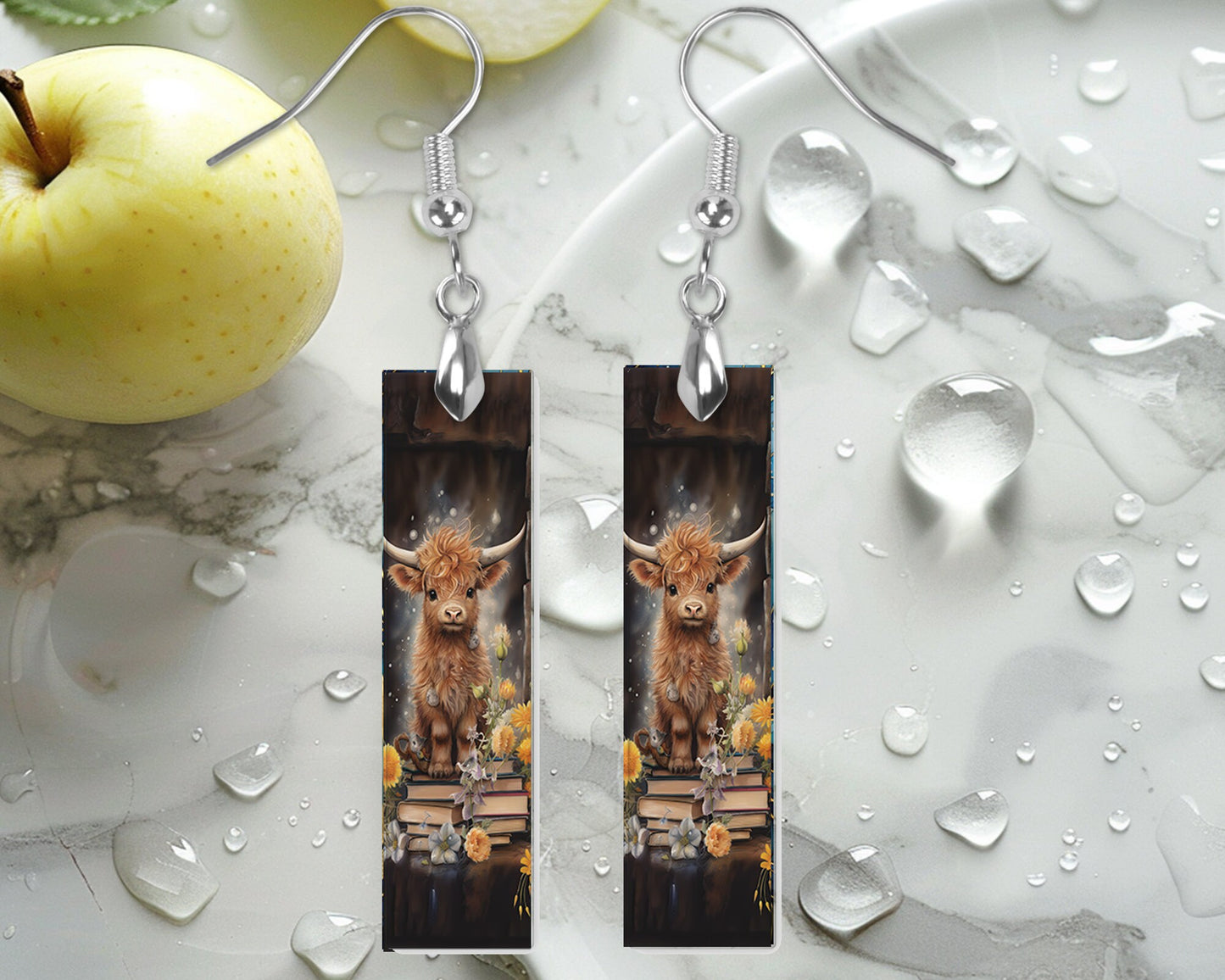 Highland Cow on Books Earrings, Bar Dangle Printed Earrings Jewelry Handmade