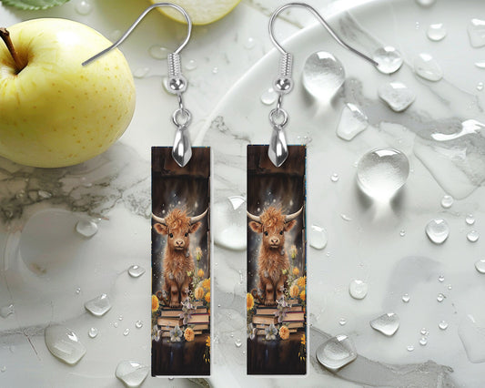 Highland Cow on Books Earrings, Bar Dangle Printed Earrings Jewelry Handmade