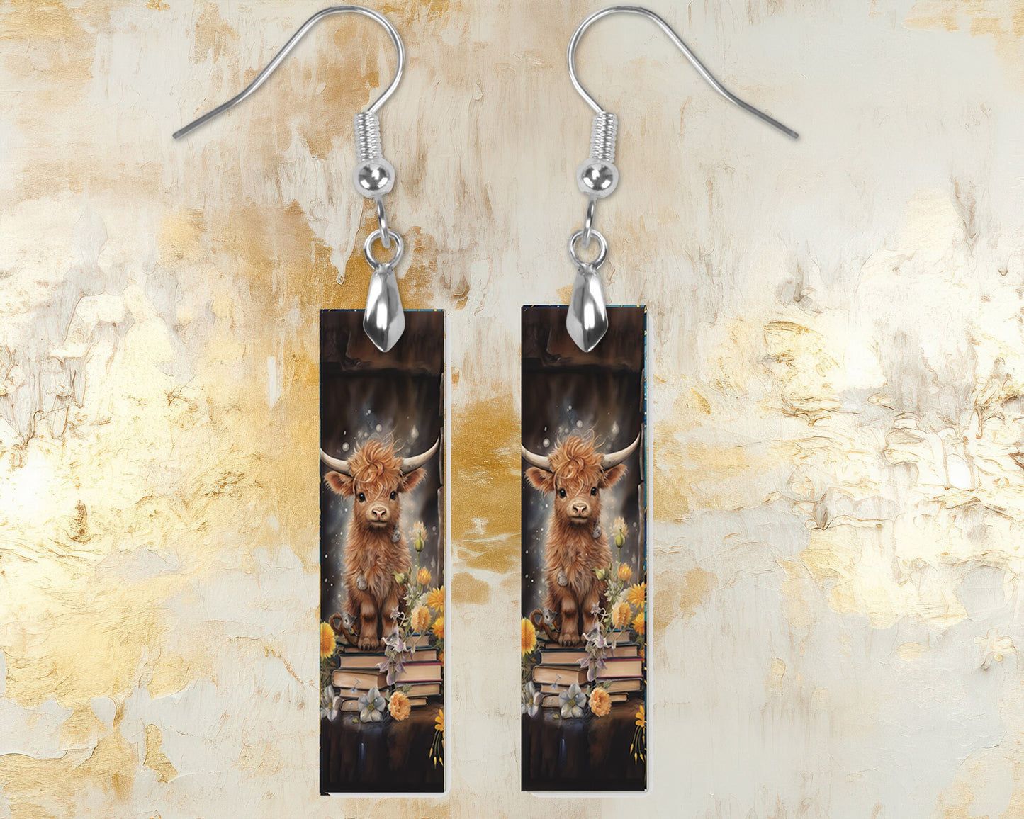 Highland Cow on Books Earrings, Bar Dangle Printed Earrings Jewelry Handmade