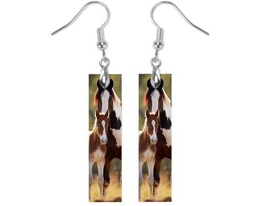 Paint Horse and Foal Earrings, Bar Dangle Printed Earrings Jewelry Handmade