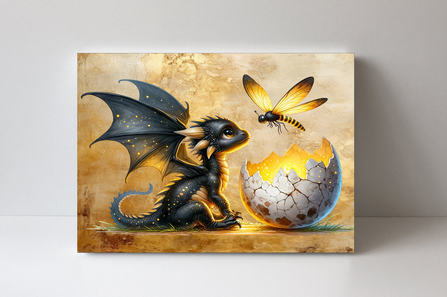 20x16 Black Dragon and Firefly Wall Art Canvas Print