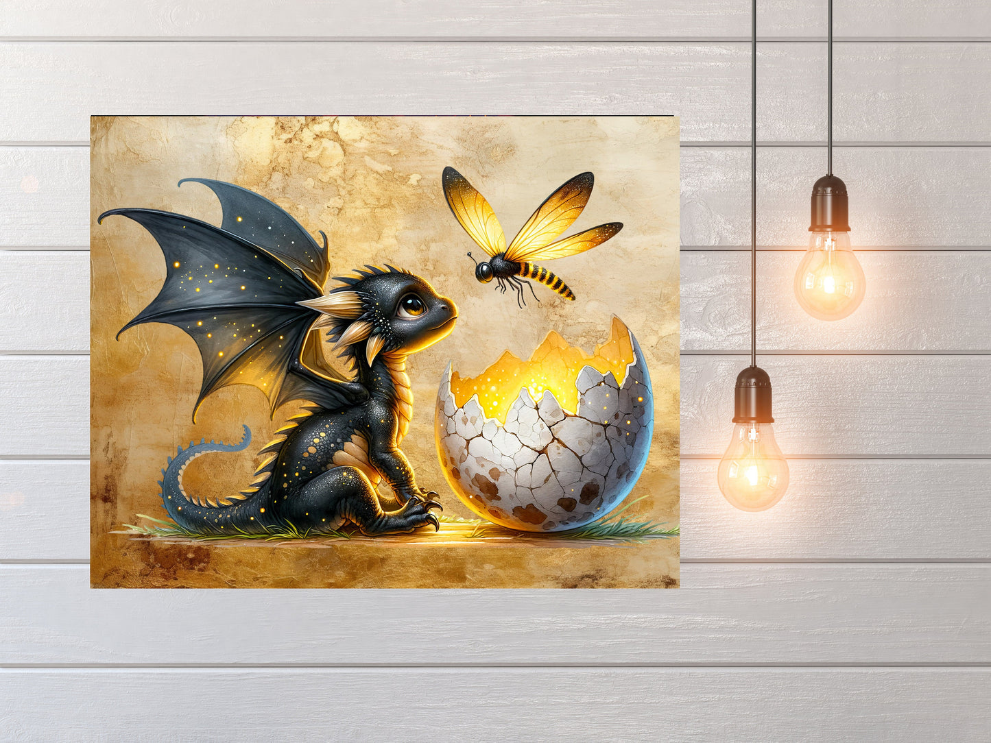 20x16 Black Dragon and Firefly Wall Art Canvas Print