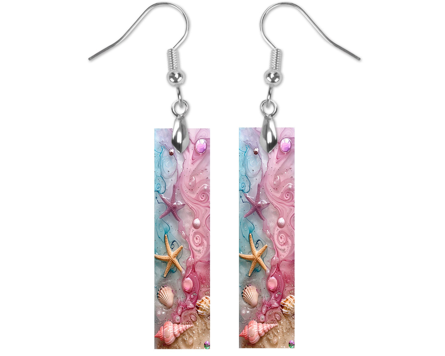 Pink Starfish and Shells Earrings, Bar Dangle Printed Earrings Jewelry Handmade