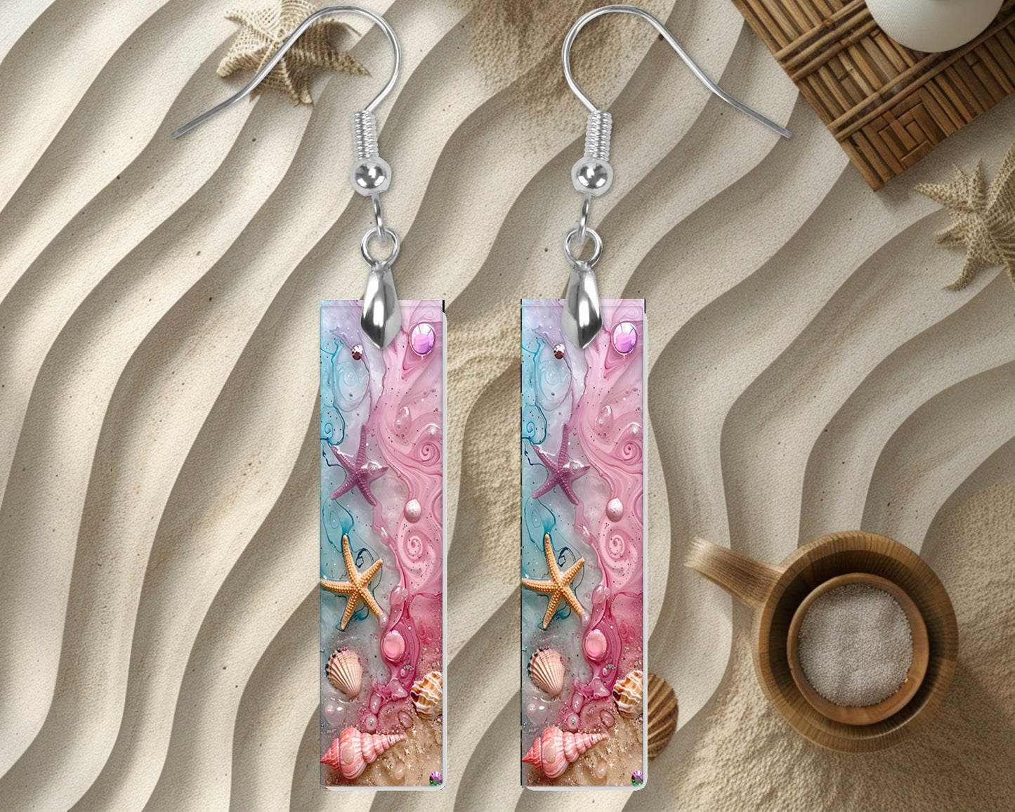 Pink Starfish and Shells Earrings, Bar Dangle Printed Earrings Jewelry Handmade