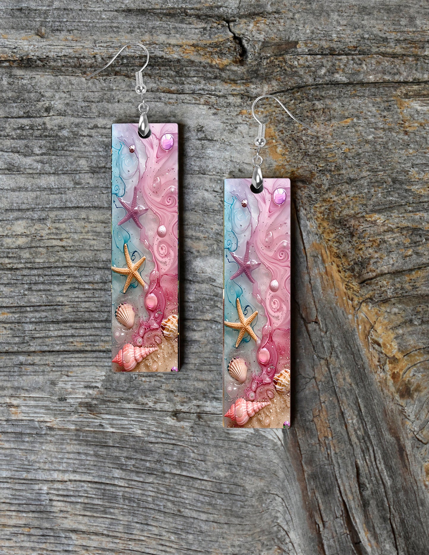 Pink Starfish and Shells Earrings, Bar Dangle Printed Earrings Jewelry Handmade