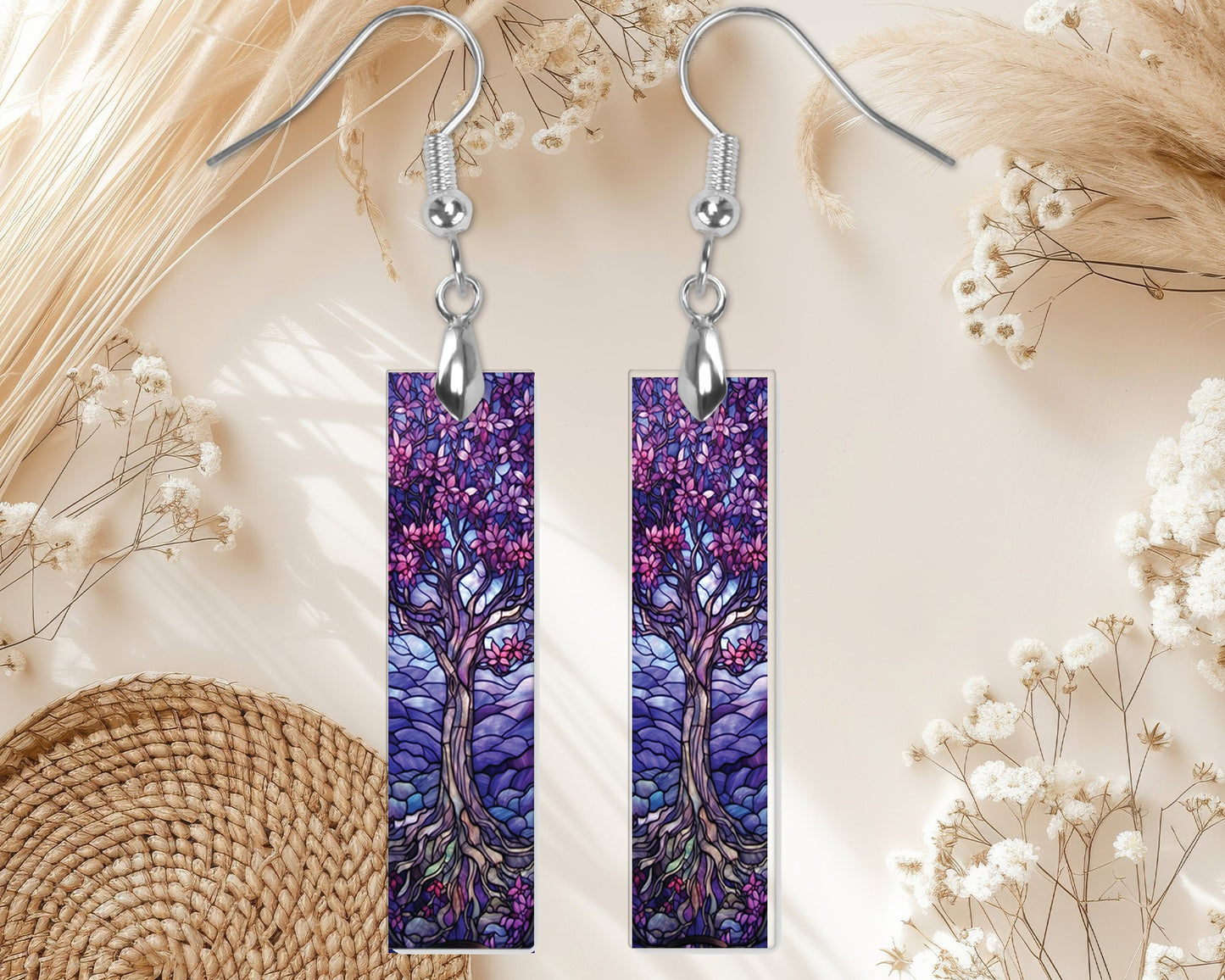 Purple Faux Stain Glass Tree Earrings, Bar Dangle Printed Earrings Jewelry Handmade