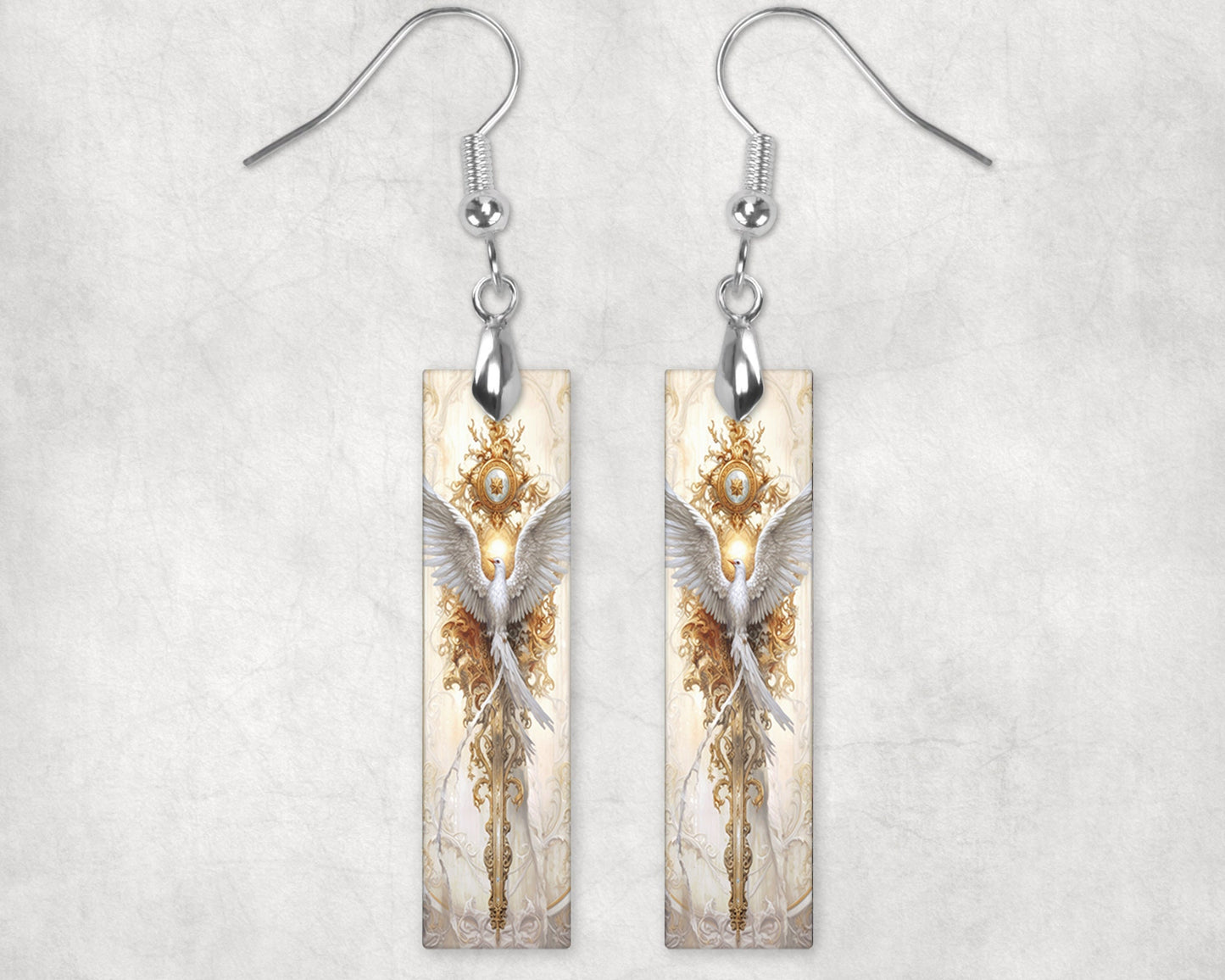 Rococo Dove Earrings, Bar Dangle Printed Earrings Jewelry Handmade