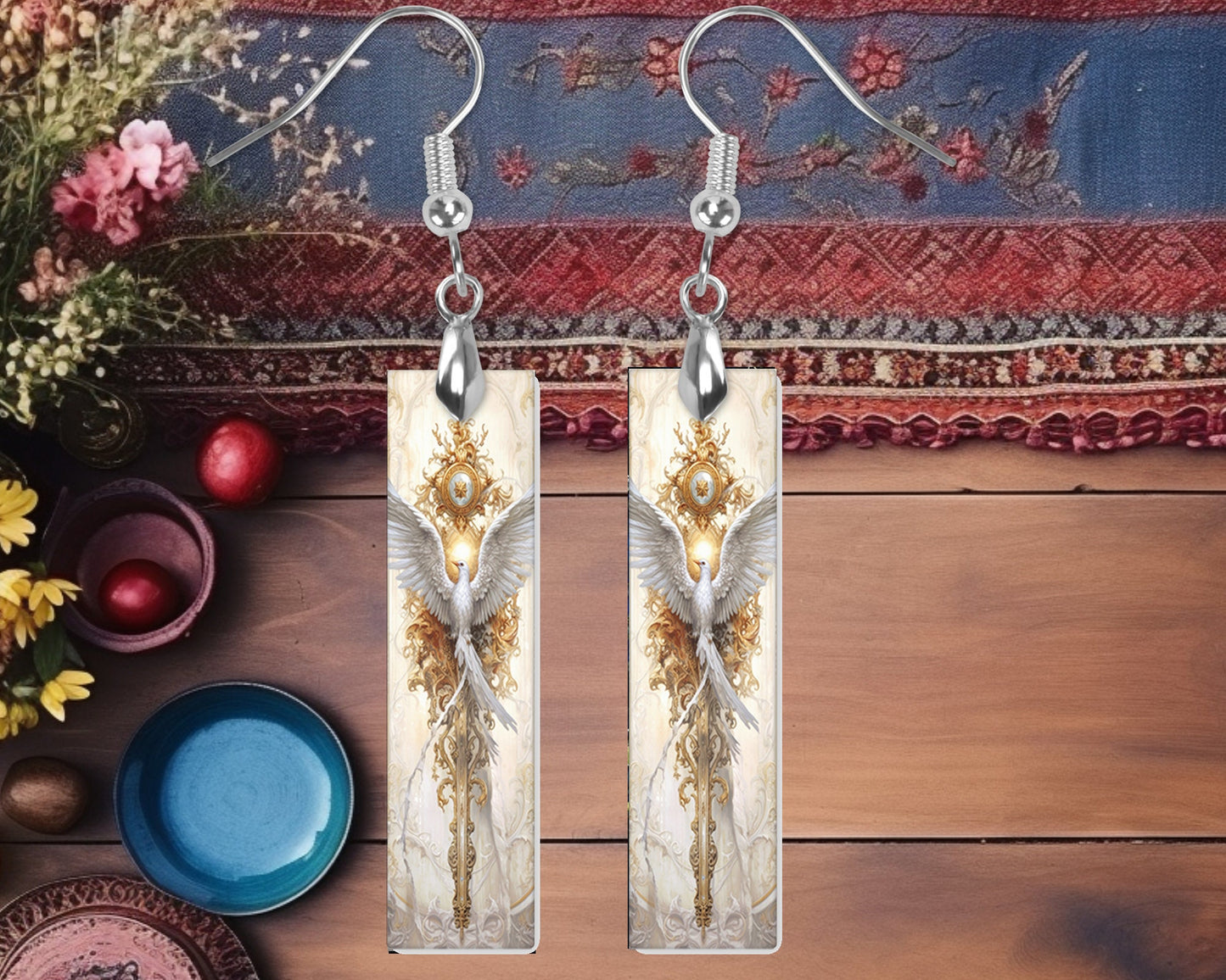 Rococo Dove Earrings, Bar Dangle Printed Earrings Jewelry Handmade