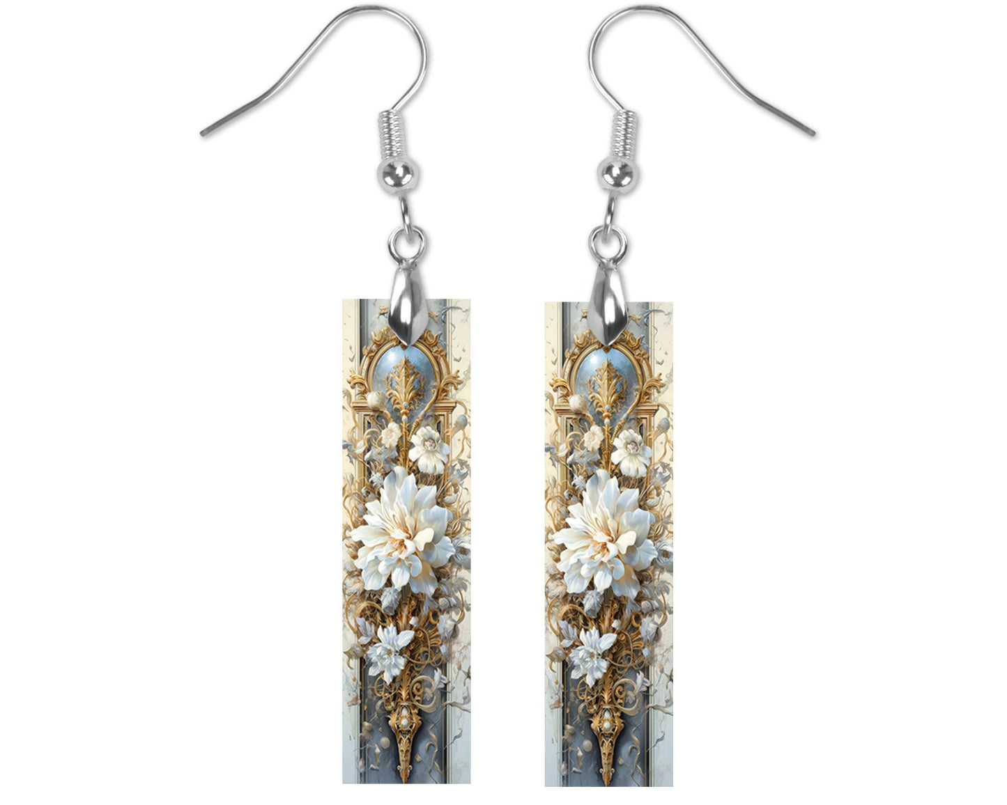 Rococo White Flowers Earrings, Bar Dangle Printed Earrings Jewelry Handmade