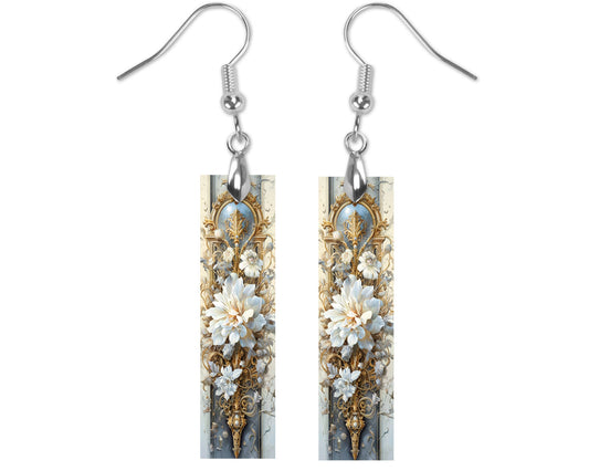 Rococo White Flowers Earrings, Bar Dangle Printed Earrings Jewelry Handmade