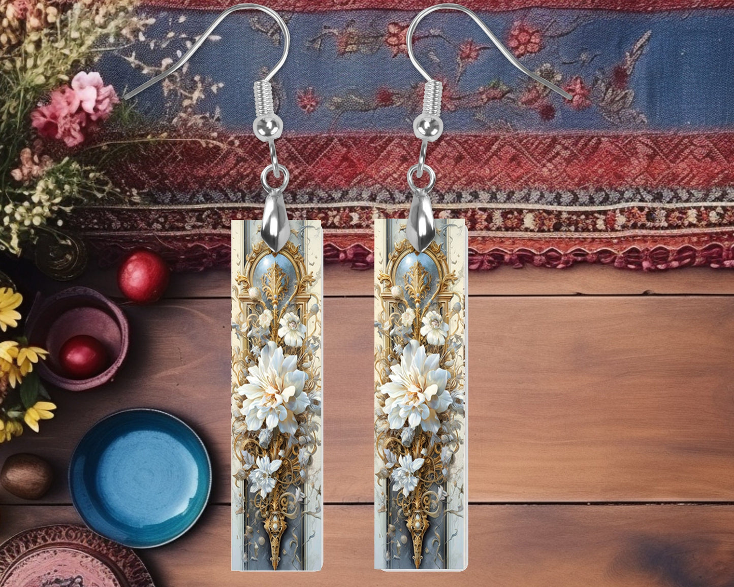 Rococo White Flowers Earrings, Bar Dangle Printed Earrings Jewelry Handmade