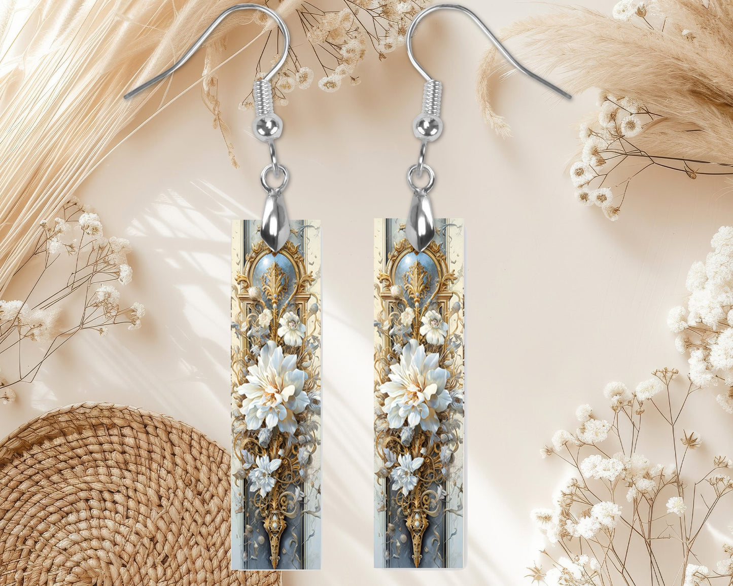 Rococo White Flowers Earrings, Bar Dangle Printed Earrings Jewelry Handmade