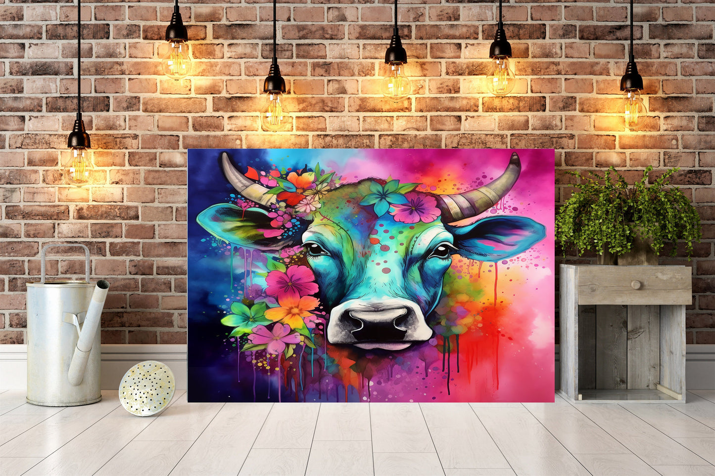 20x16 Blue Cow Wall Art Canvas Print