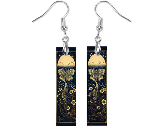 Moon Glow Butterfly Printed Wood Dangle Earrings Hypoallergenic Jewelry Handmade