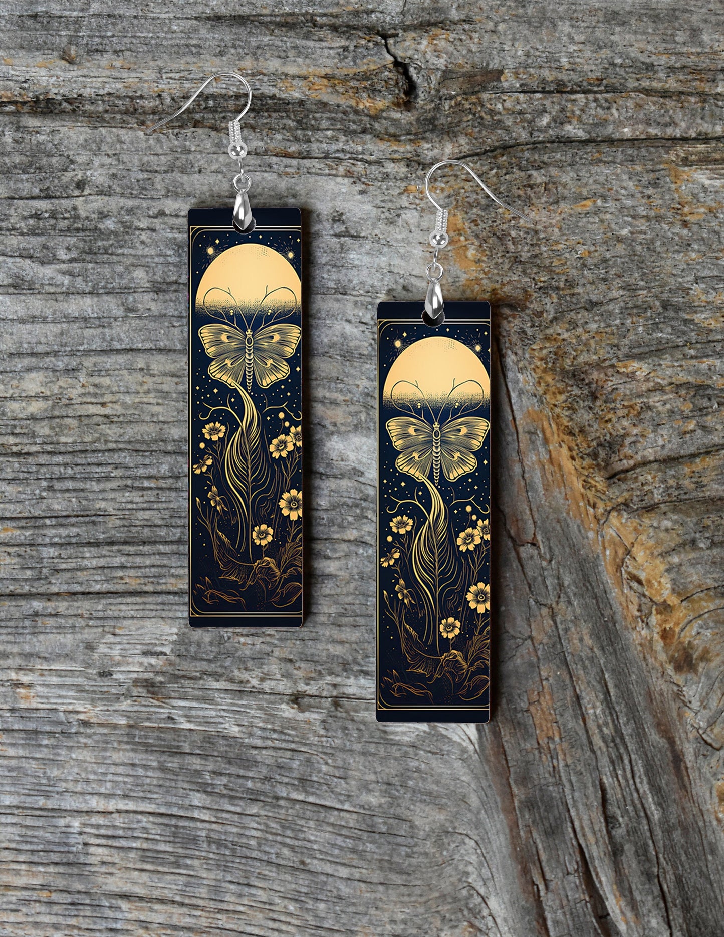 Moon Glow Butterfly Printed Wood Dangle Earrings Hypoallergenic Jewelry Handmade