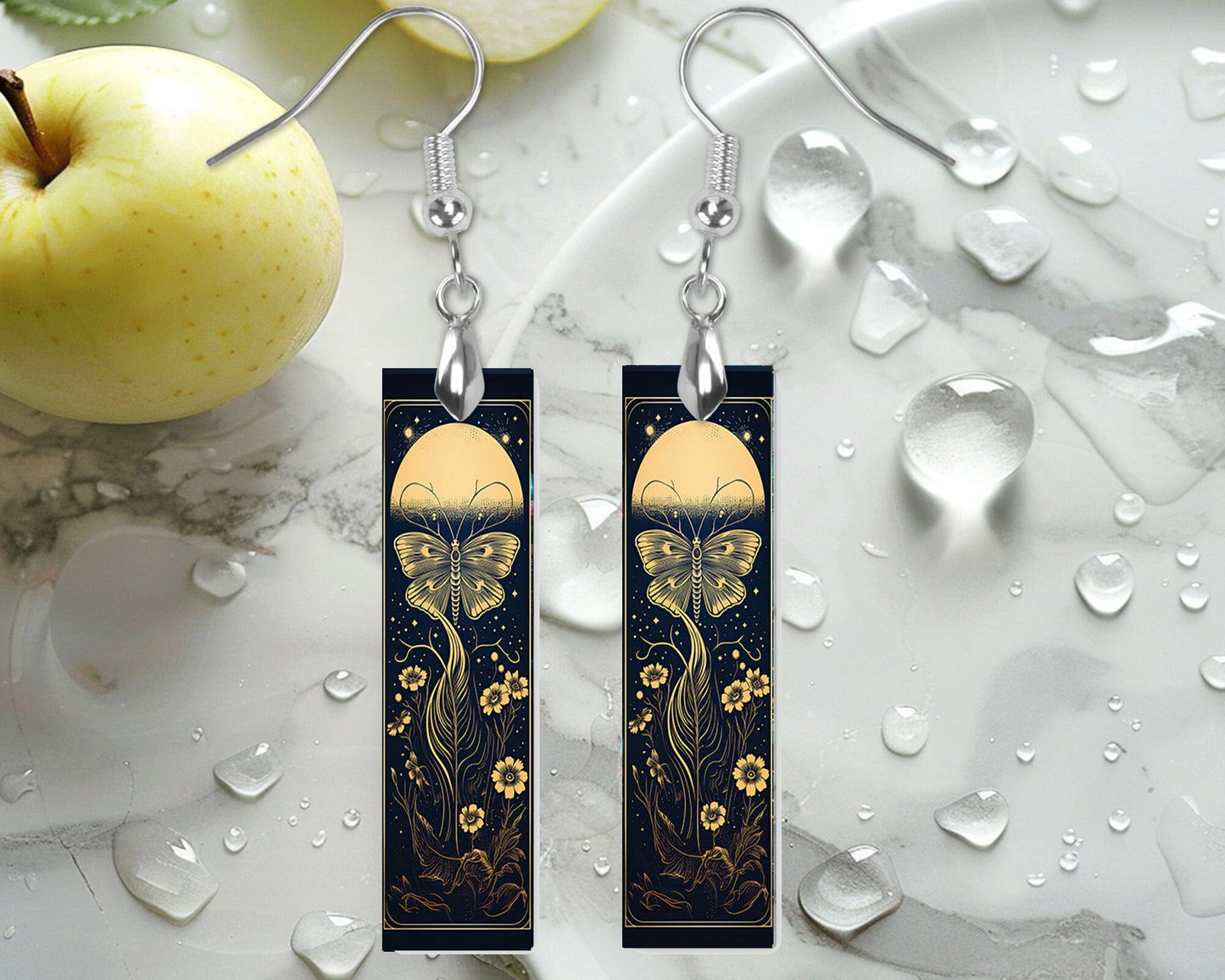 Moon Glow Butterfly Printed Wood Dangle Earrings Hypoallergenic Jewelry Handmade