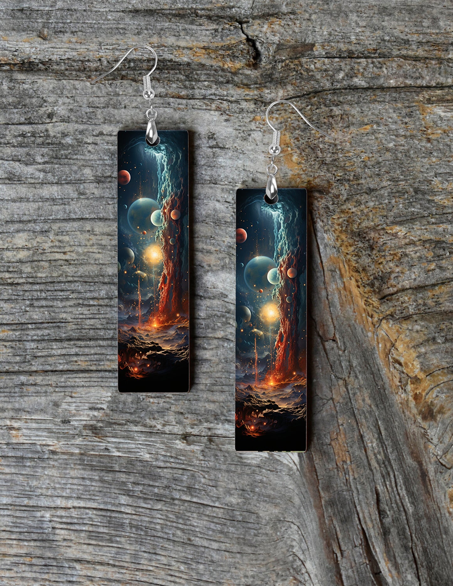 New Release Outer Space Printed Wood Dangle Earrings Hypoallergenic Jewelry Handmade