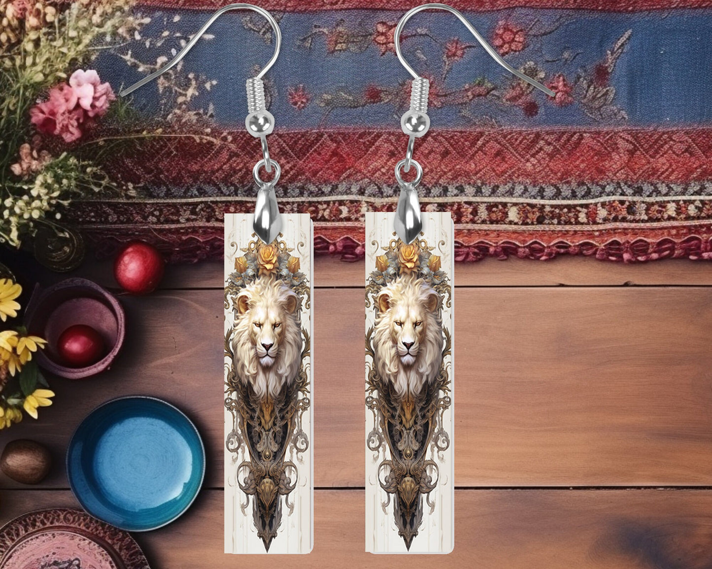 New Release Rococo Lion Printed Wood Dangle Earrings Hypoallergenic Jewelry Handmade