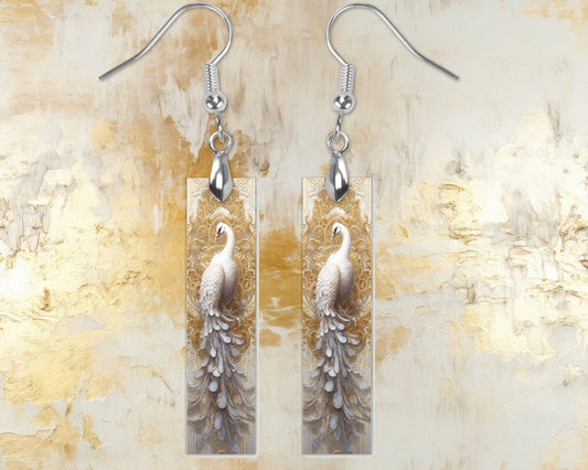 Rococo White Peacock Printed Wood Dangle Earrings Hypoallergenic Jewelry Handmade