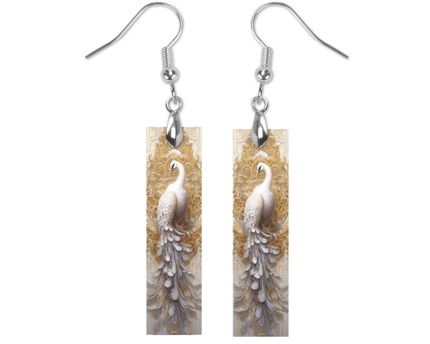 Rococo White Peacock Printed Wood Dangle Earrings Hypoallergenic Jewelry Handmade