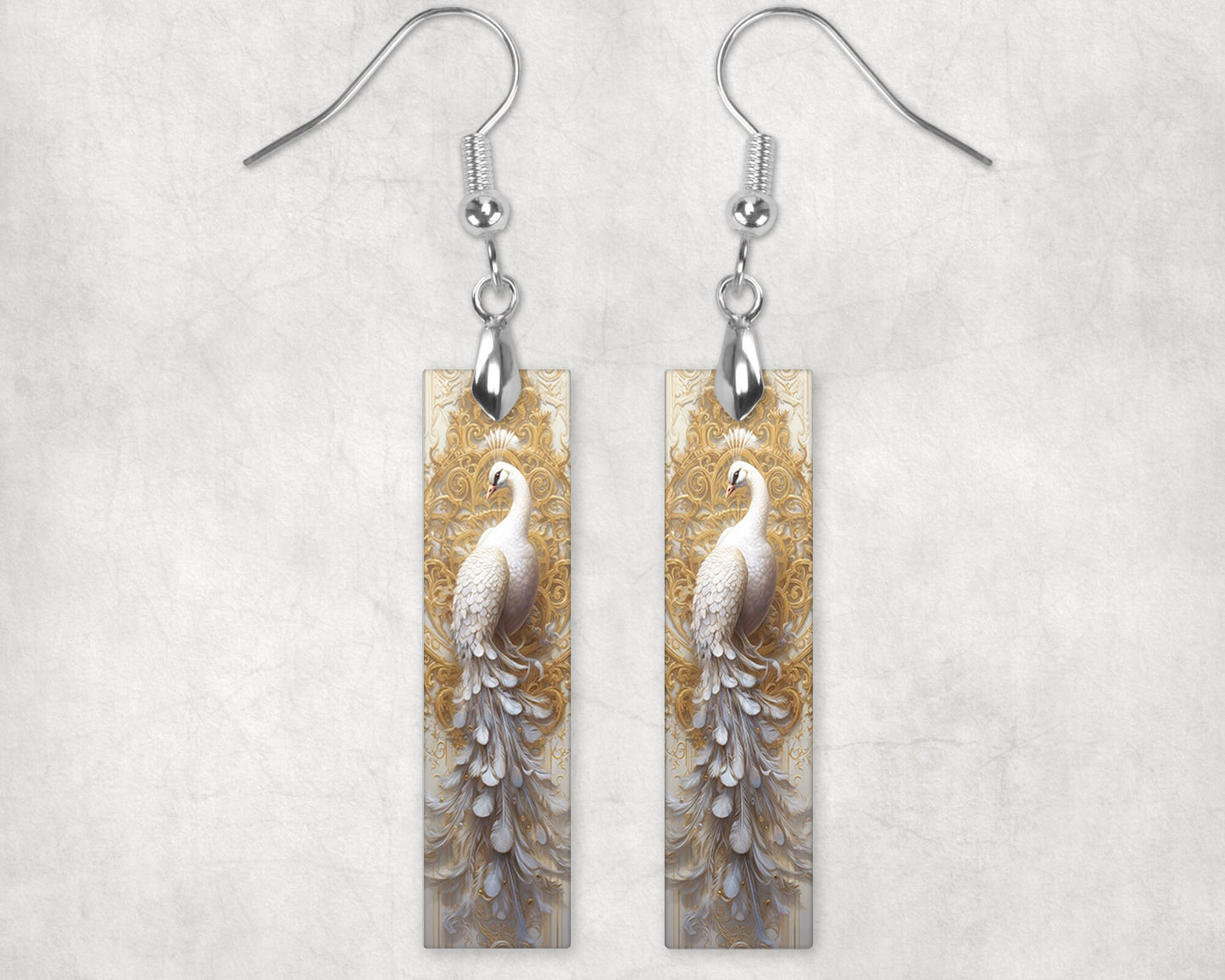 Rococo White Peacock Printed Wood Dangle Earrings Hypoallergenic Jewelry Handmade