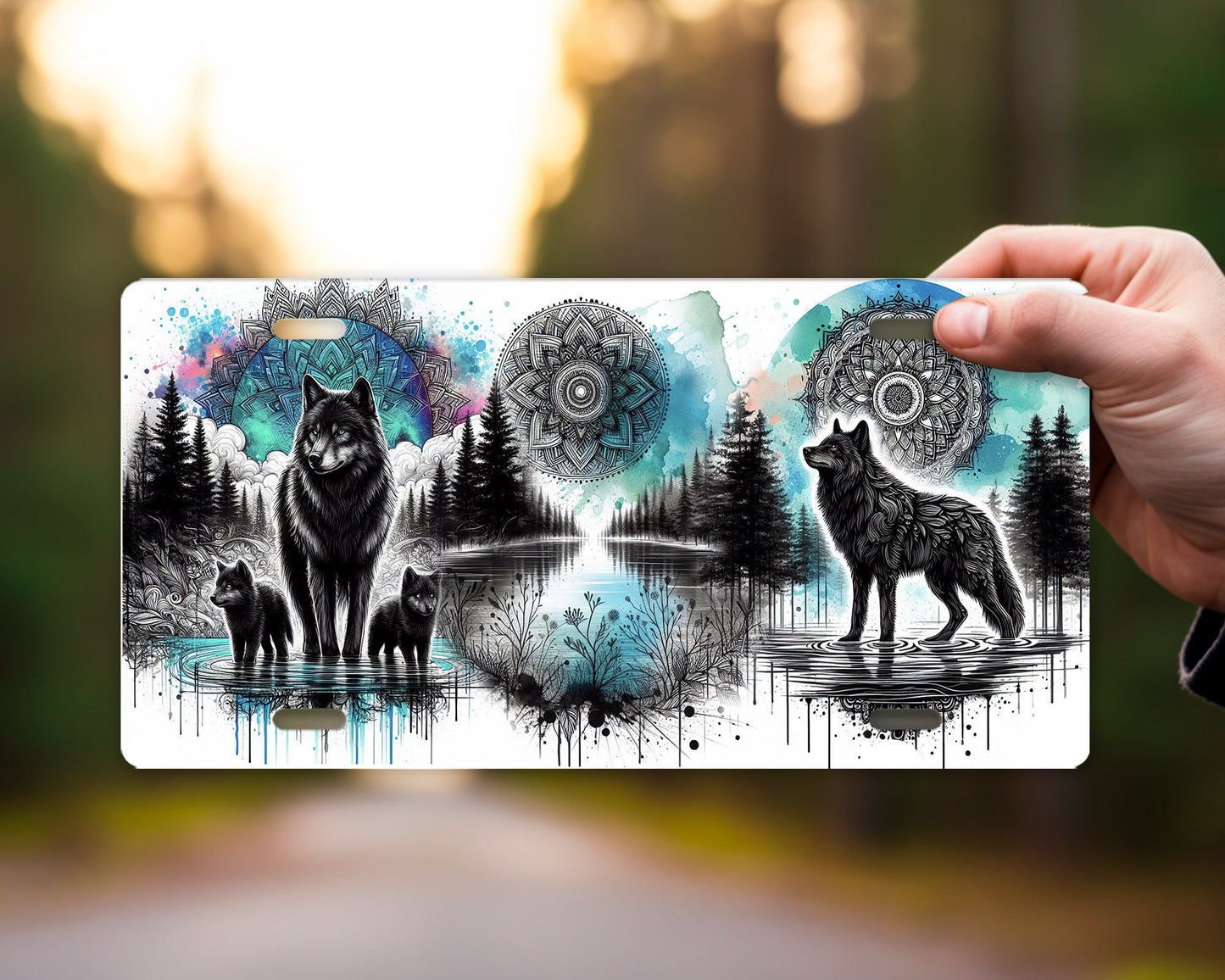 Vanity Front License Plate, Black Wolf Mandala Aluminum Vanity License Plate Car Accessory Decorative Front Plate