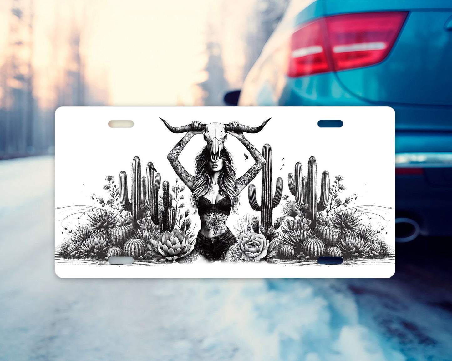 Vanity Front License Plate Gray Scale Girl and Cactus Aluminum Vanity License Plate Car Accessory Decorative Front Plate