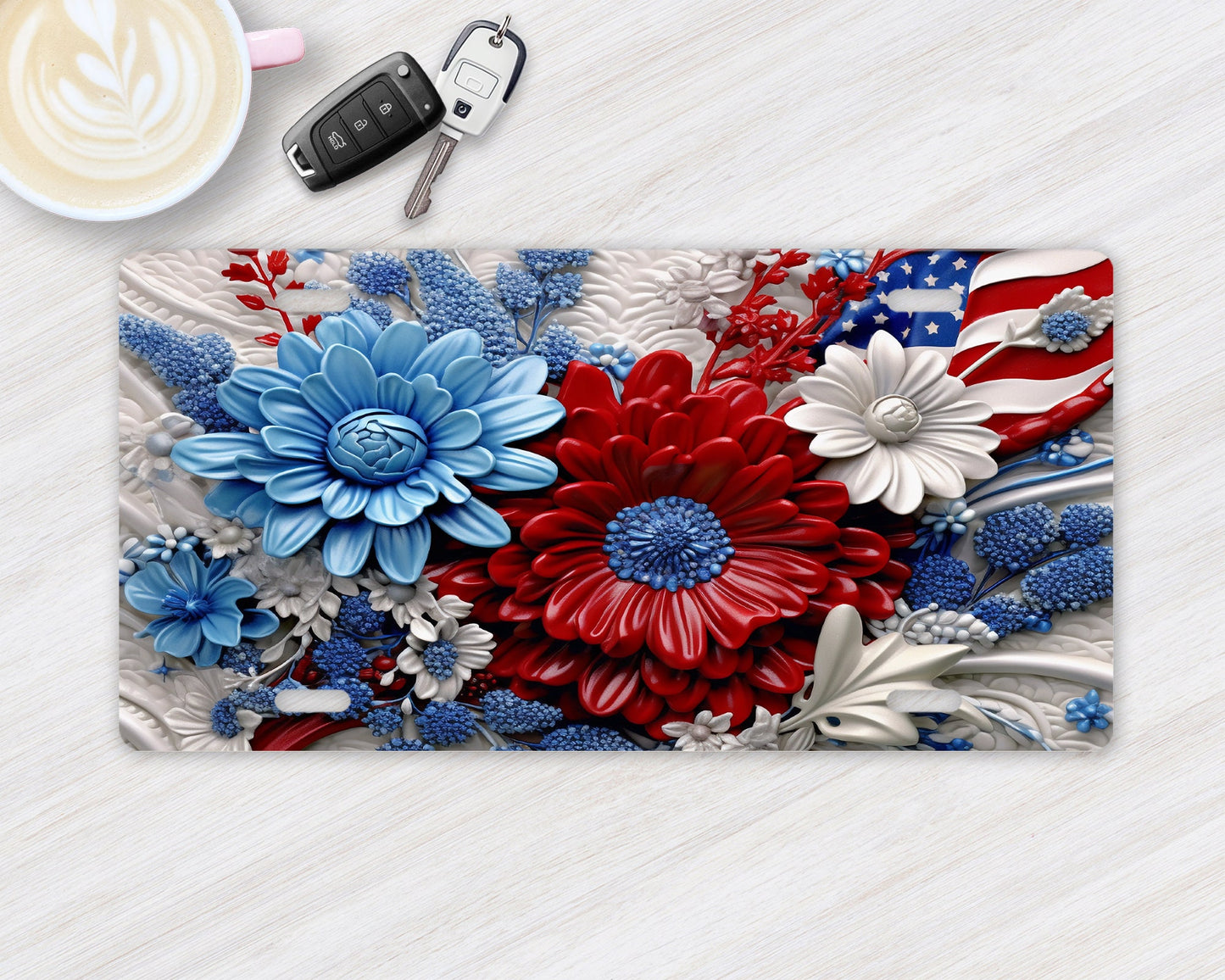 Patriotic Flowers Vanity Decorative Front License Plate Cute Car License Plate Aluminum Metal Plate