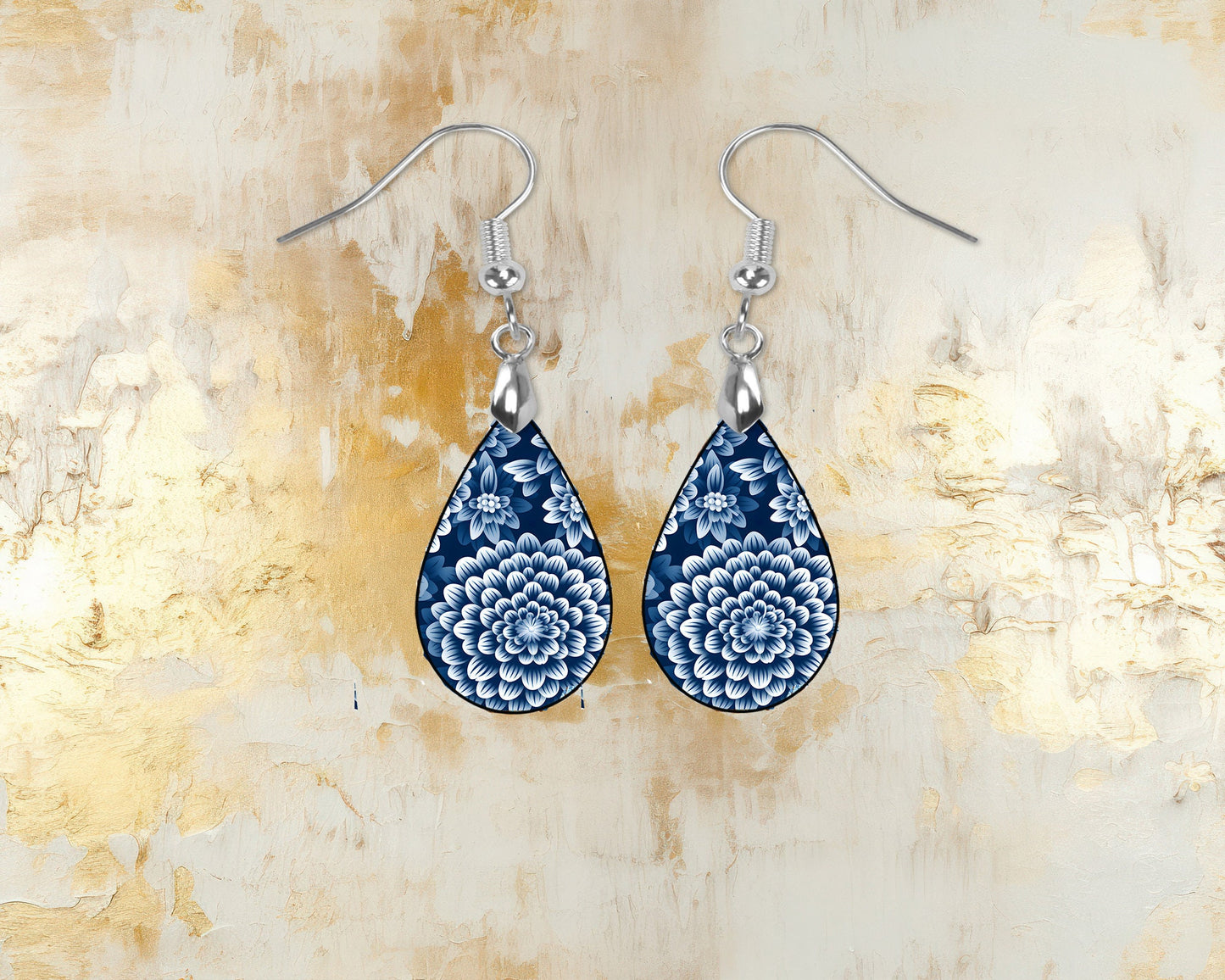 New Release, Blue Dahlia Earrings, Teardrop Dangle Printed Earrings Jewelry Handmade