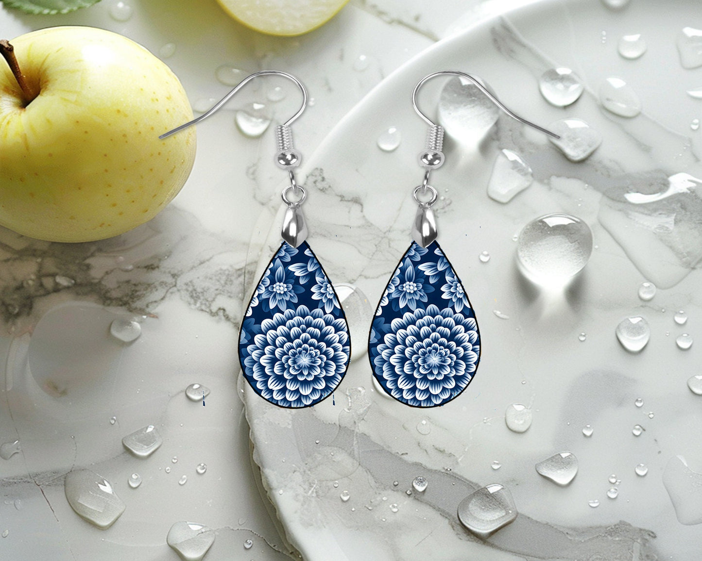 New Release, Blue Dahlia Earrings, Teardrop Dangle Printed Earrings Jewelry Handmade