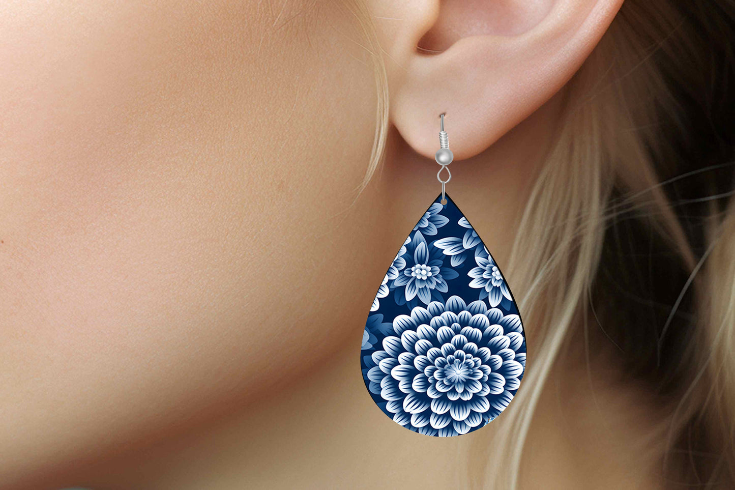 New Release, Blue Dahlia Earrings, Teardrop Dangle Printed Earrings Jewelry Handmade