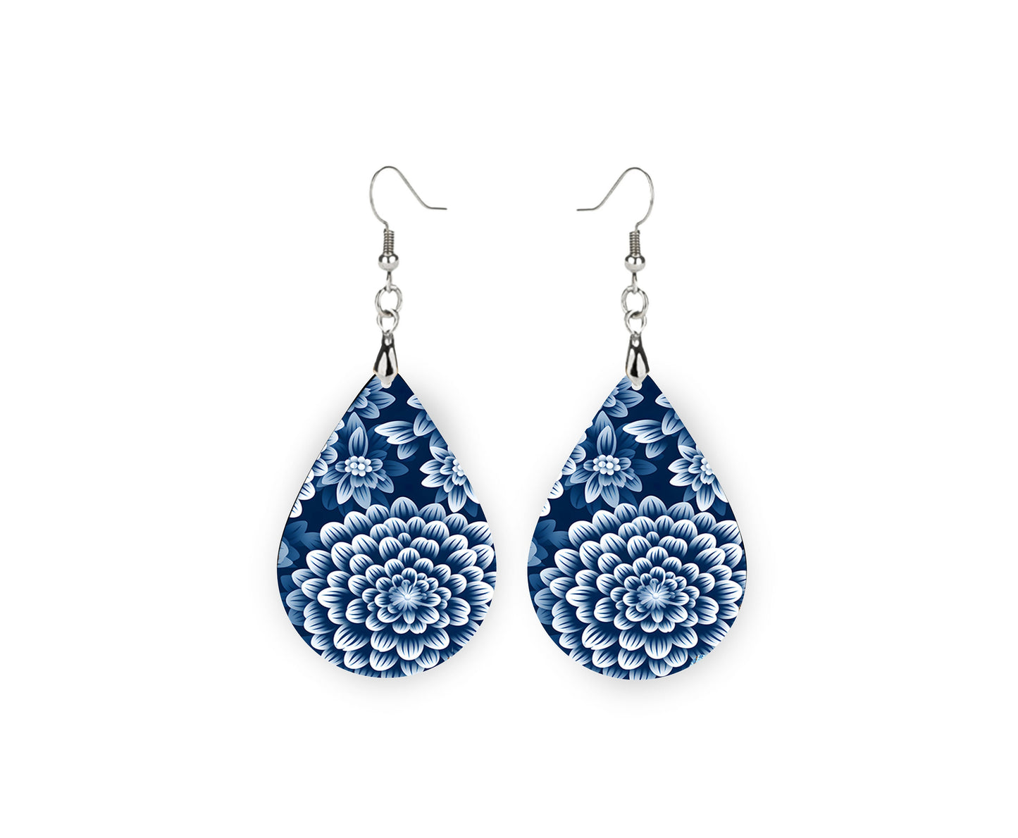 New Release, Blue Dahlia Earrings, Teardrop Dangle Printed Earrings Jewelry Handmade