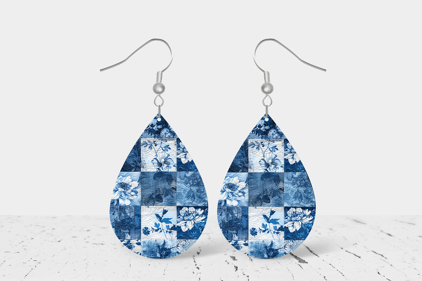 Blue Patchwork Earrings, Teardrop Dangle Printed Earrings Jewelry Handmade