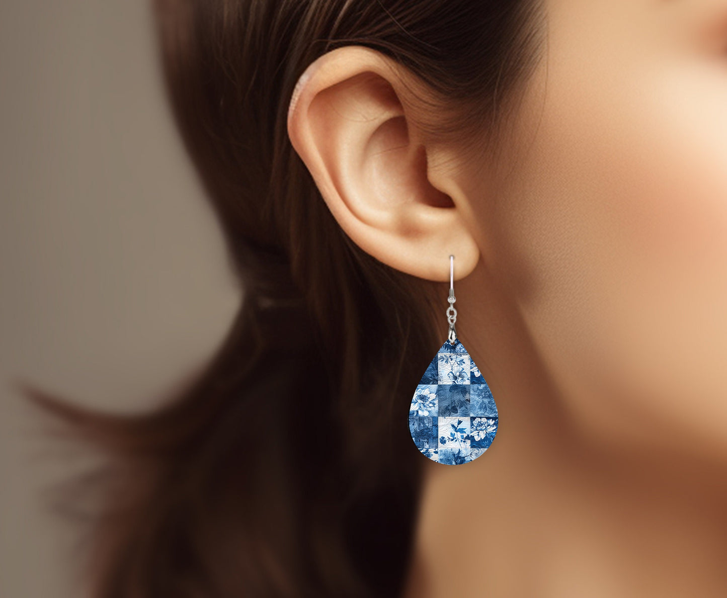 Blue Patchwork Earrings, Teardrop Dangle Printed Earrings Jewelry Handmade