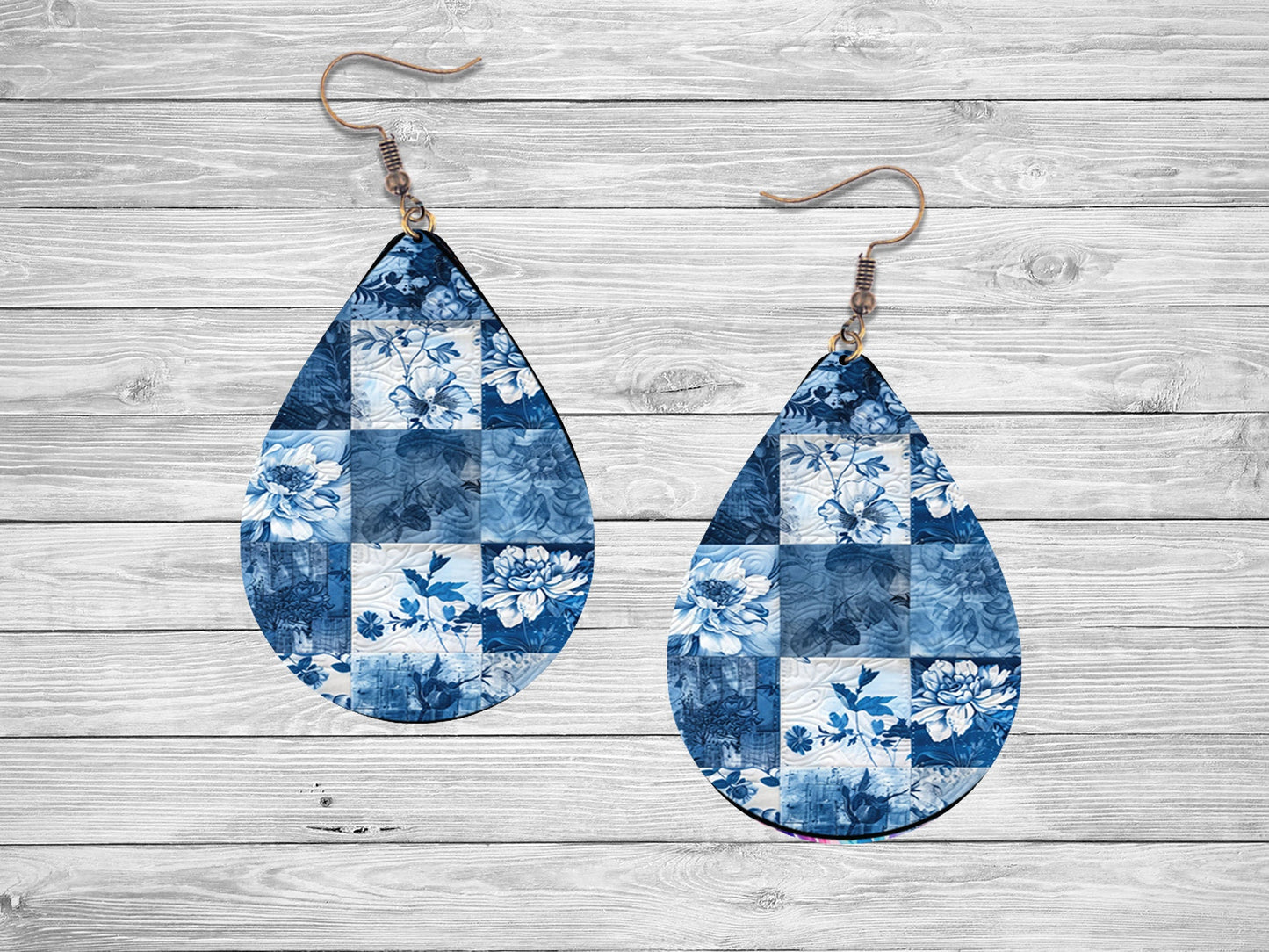 Blue Patchwork Earrings, Teardrop Dangle Printed Earrings Jewelry Handmade