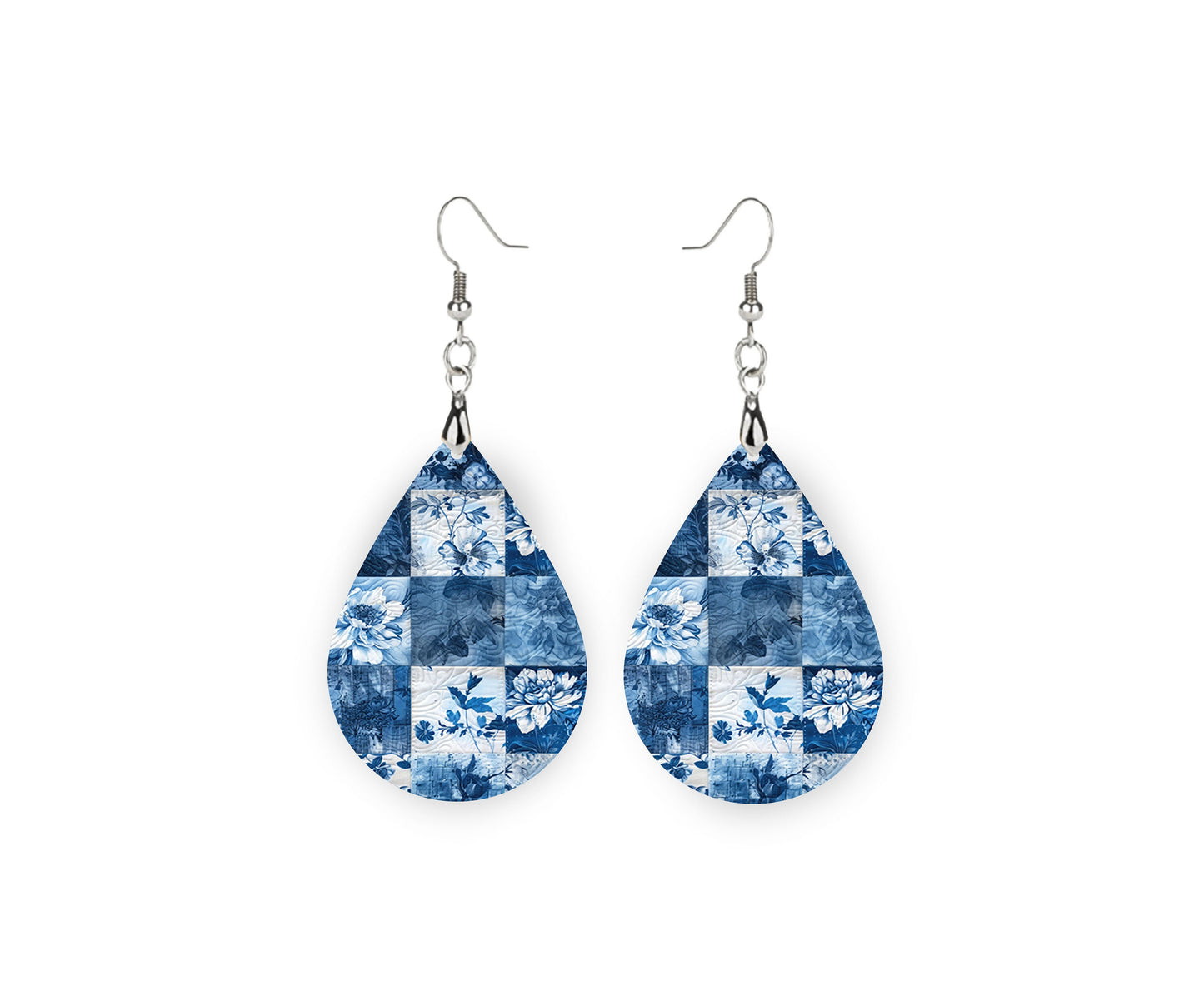 Blue Patchwork Earrings, Teardrop Dangle Printed Earrings Jewelry Handmade