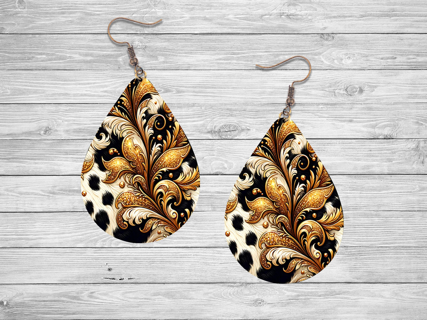 Gilded Cowhide Print Earrings, Teardrop Dangle Printed Earrings Jewelry Handmade